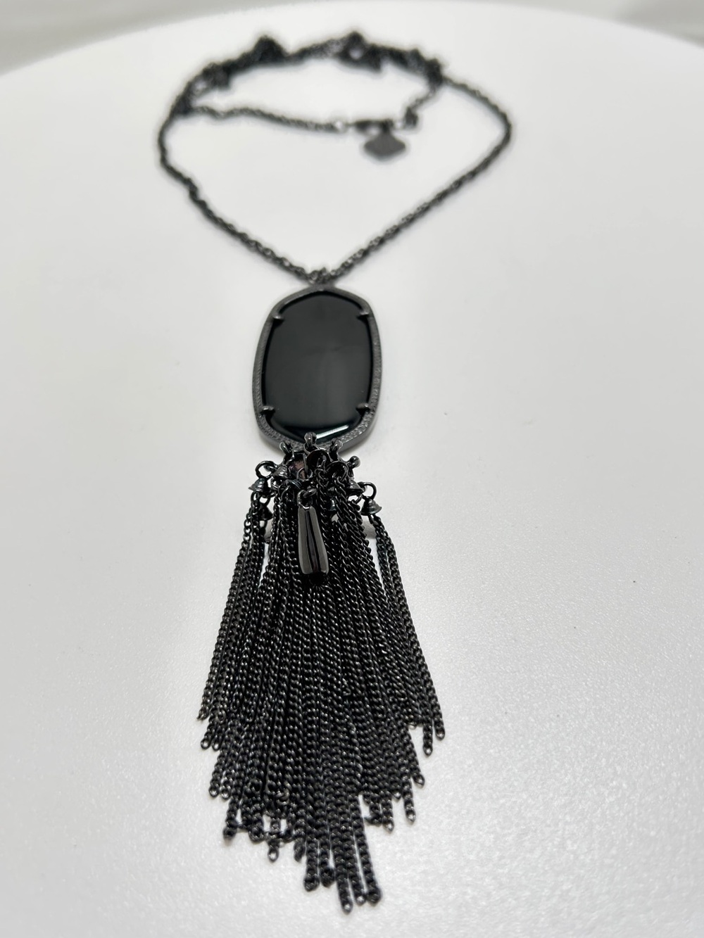 Kendra Scott, Rayne, Long Gunmetal Necklace With Polished Black Agate Pendant